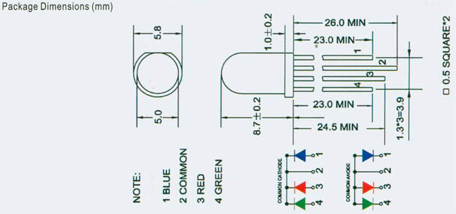 5 X 5mm Triple Output LED RGB Common Cathode Elektronik LED LEDs 
