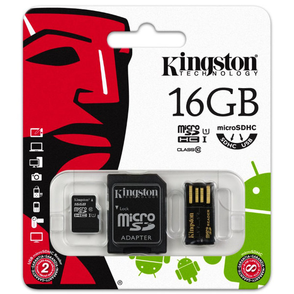 Kingston microSD Card 16GB w/ SD and USB Adapter - Class10