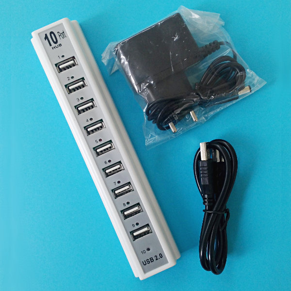 USB 2.0 Hub 10-Port mit Netzadapter 0.5A - weiss
