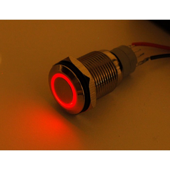 Waterproof Metal Pushbutton w/ Red LED Ring (16mm)